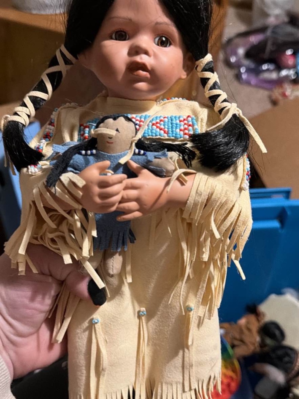 Handmade Native-Style Doll in Cream Dress with Beaded Accents vintage 1993